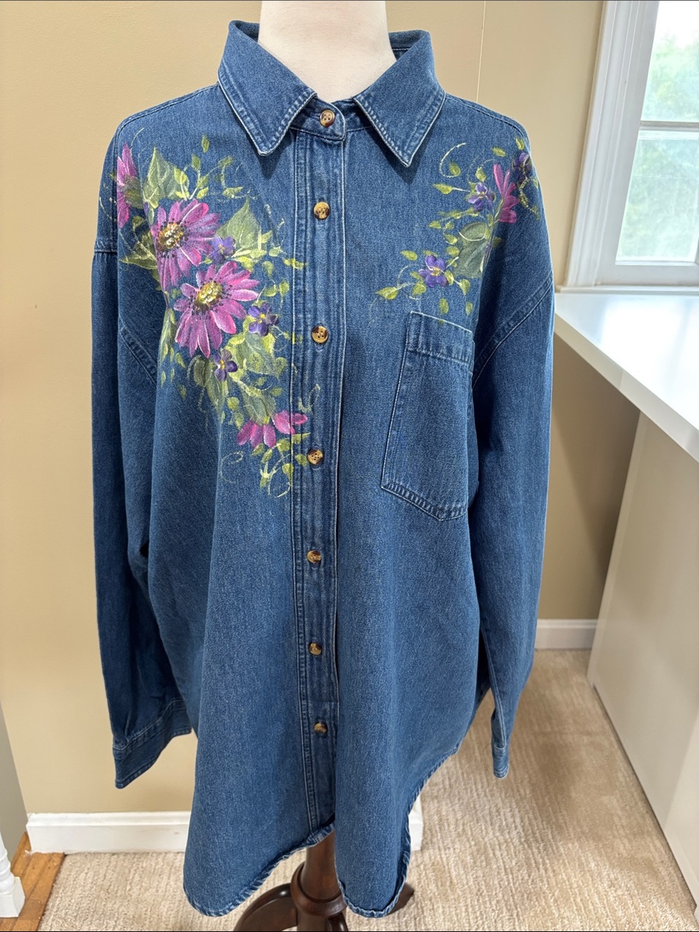 Vintage Haiks Hand-Painted Floral Blue Denim Shirt Size XL